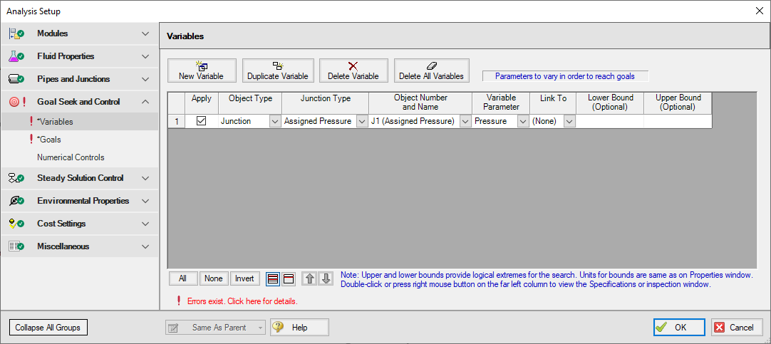 Assigned Pressure Variable defined on the Variables tab of the Goal Seek and Control Manager window.